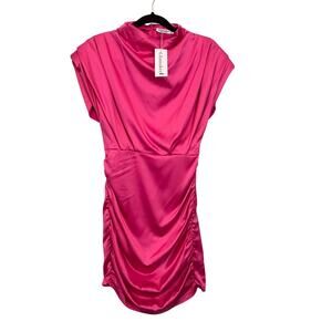 Glamaker Ruched Mini Dress Large Pink Bodycon Mock Neck Shoulder Pad Party NWT